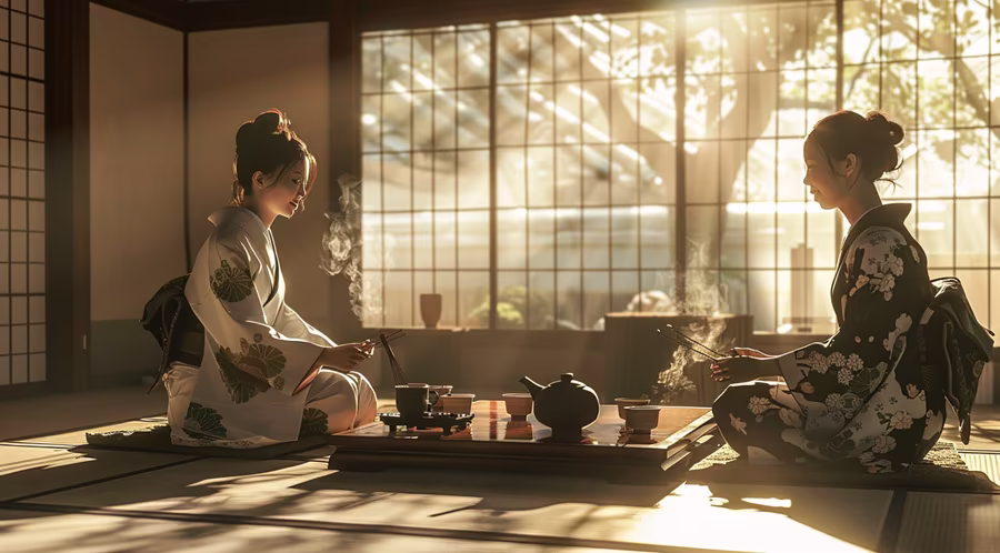Traditional Japanese tea ceremony setup with matcha bowl