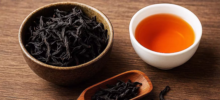 Dark twisted leaves of Da Hong Pao rock tea